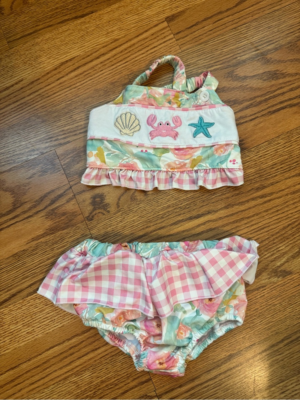 Girls Pink Floral Shell & Crab Two-Piece Swim Bikini